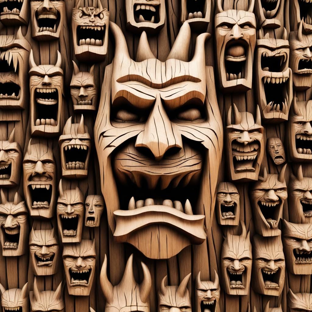 Mountain of Faces Carved in Wood