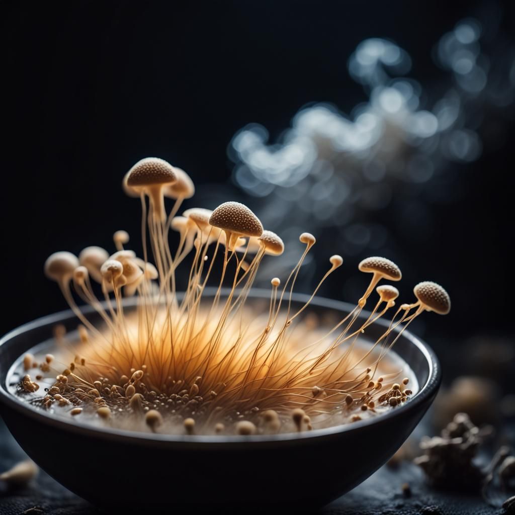 Hyperrealistic Mycelium Soup: A Macro Photograph