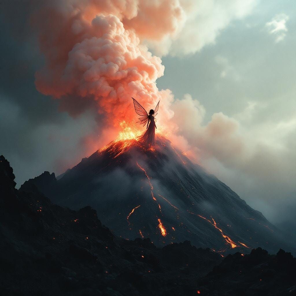 Smoky Ash Fairy Atop Volcano in Cinematic Style