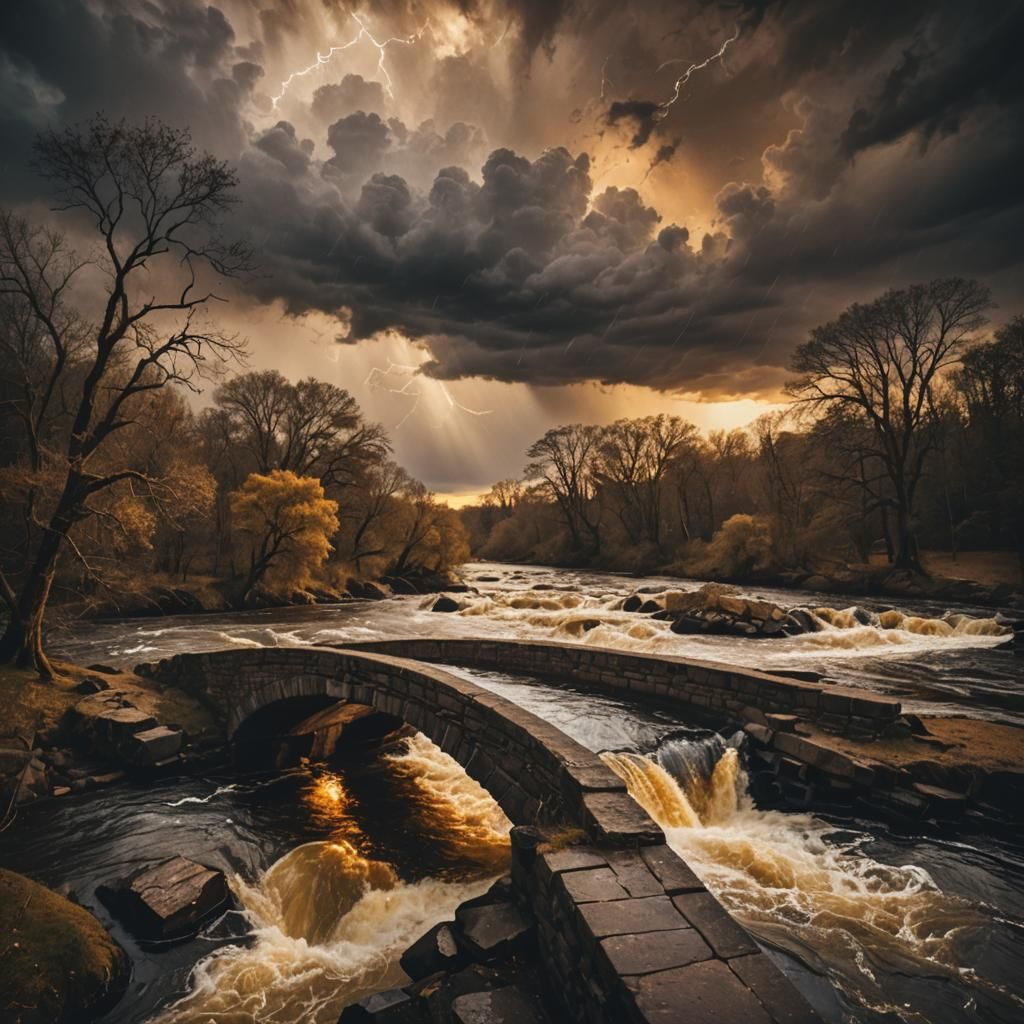 Stone Bridge Over River in Golden Light