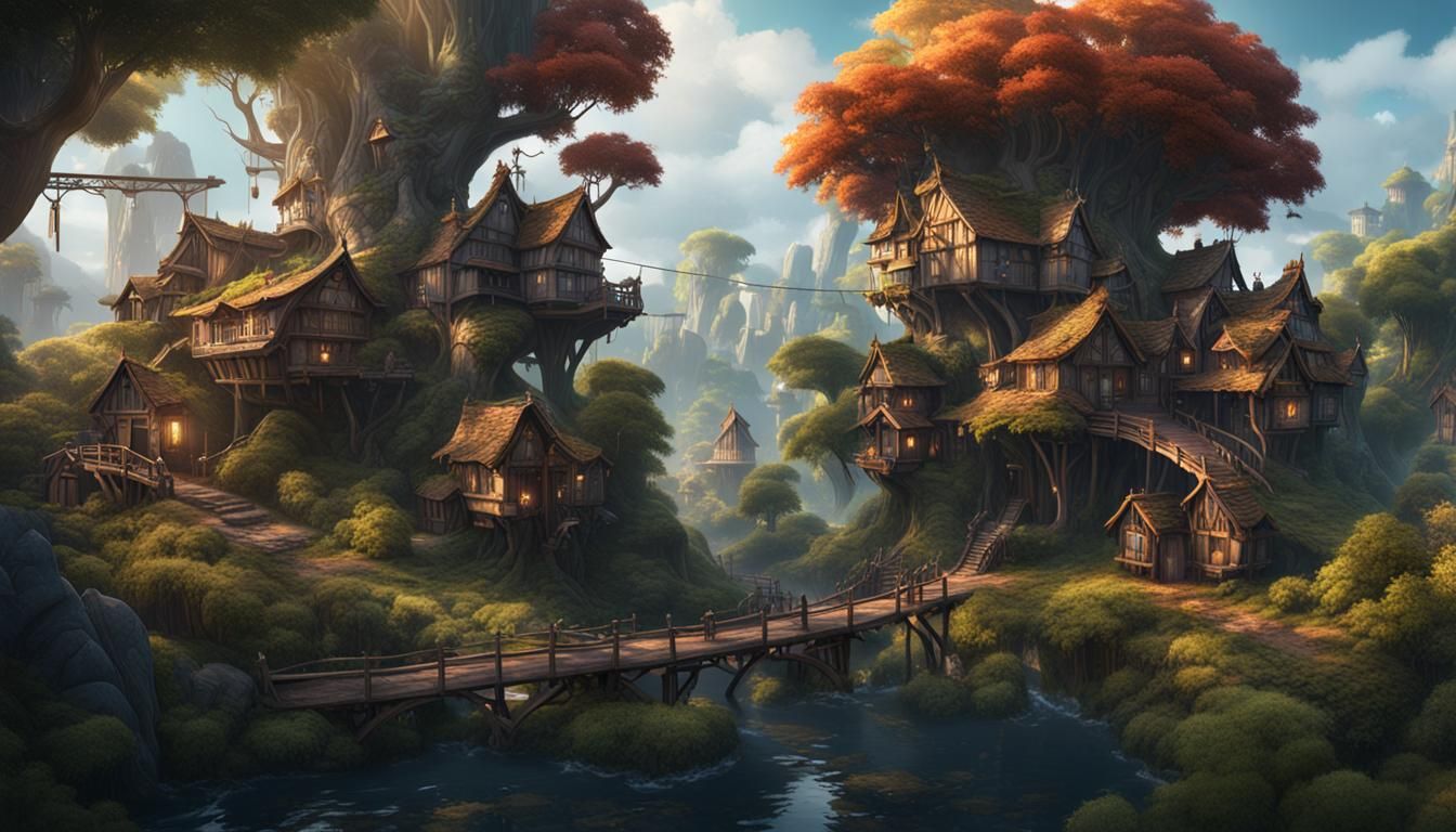 Fantastical Treehouse Village in Detailed Matte Painting