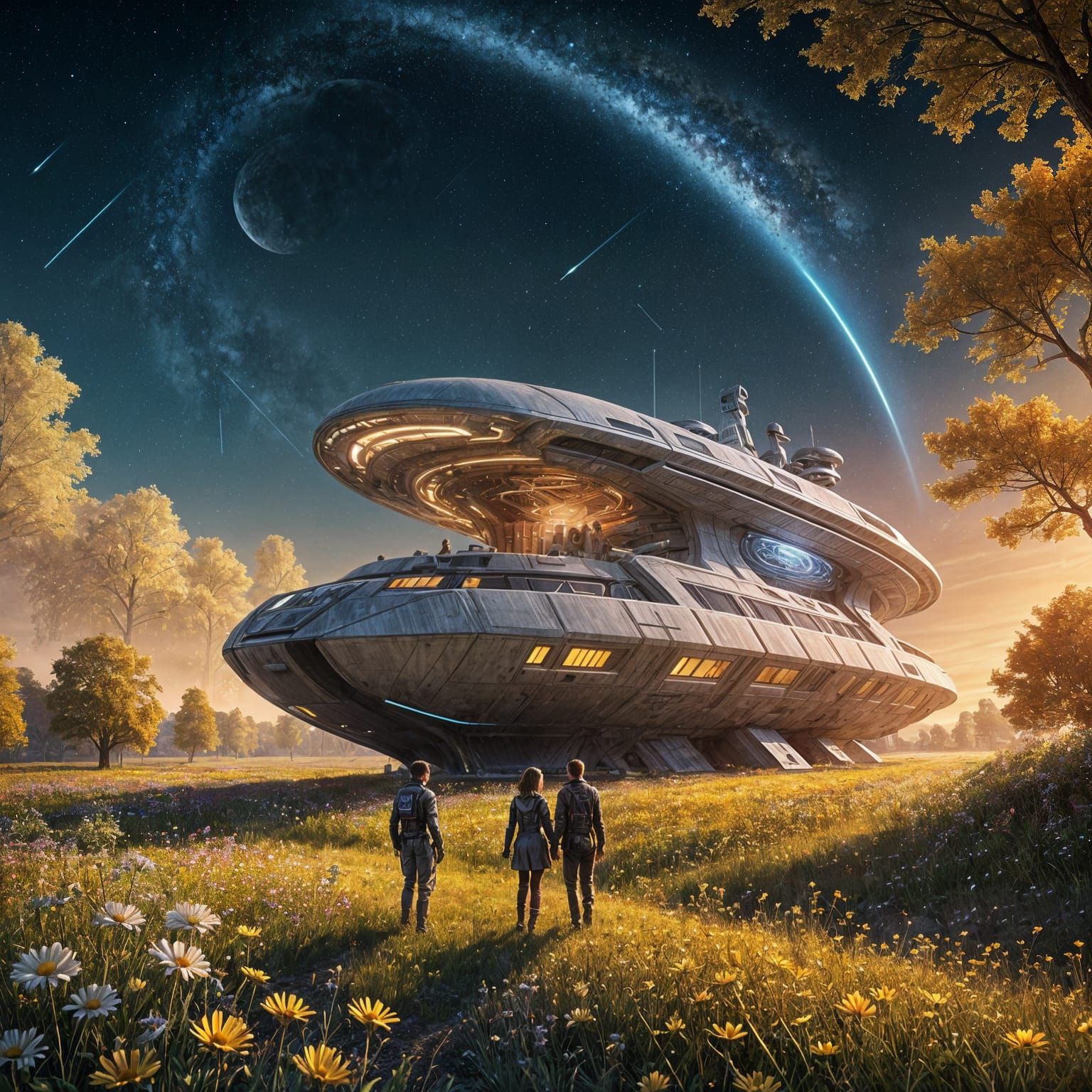 Futuristic Spaceship Landing in Autumn Wildflower Field