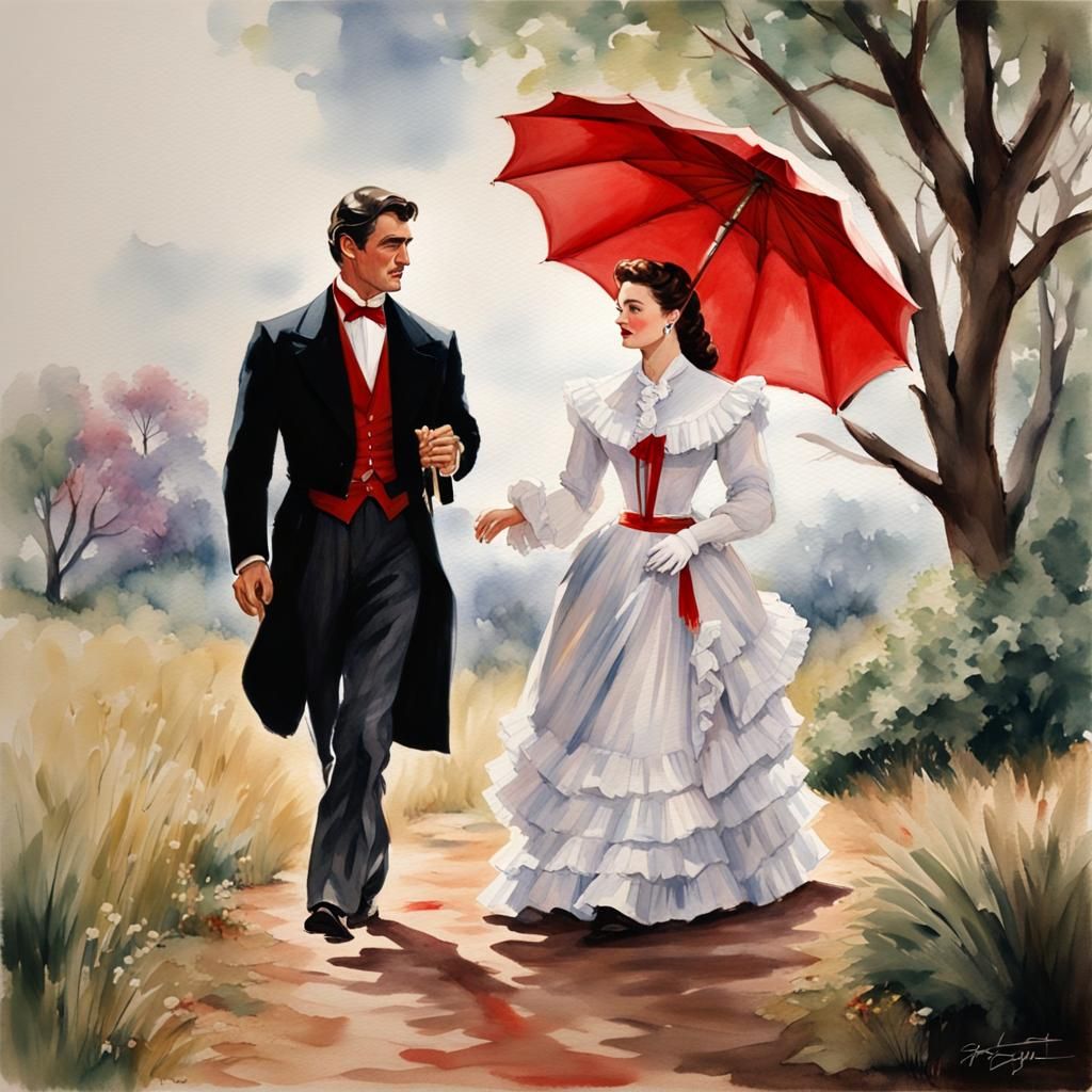 A watercolor oil painting of Rhett Butler and Scarlett O'Hara from Gone with the wind  walking together 
On the landscap...