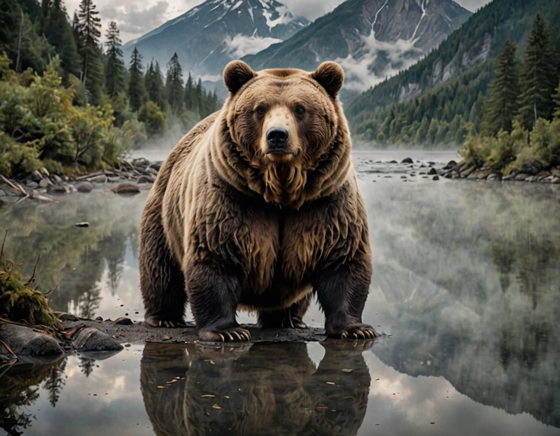 Accusatory Obese Bear in Misty Forest Reflection
