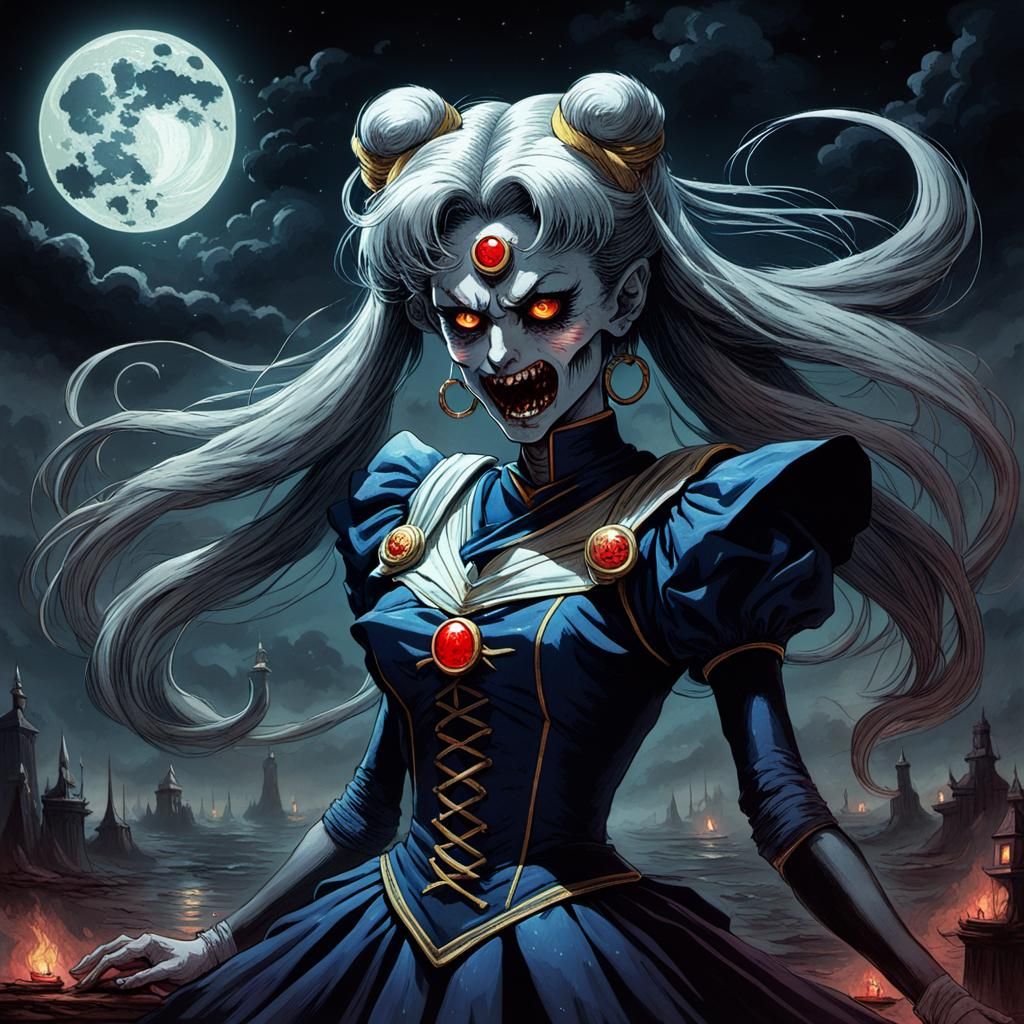 Demonic Sailor Moon in Dark Horror Style