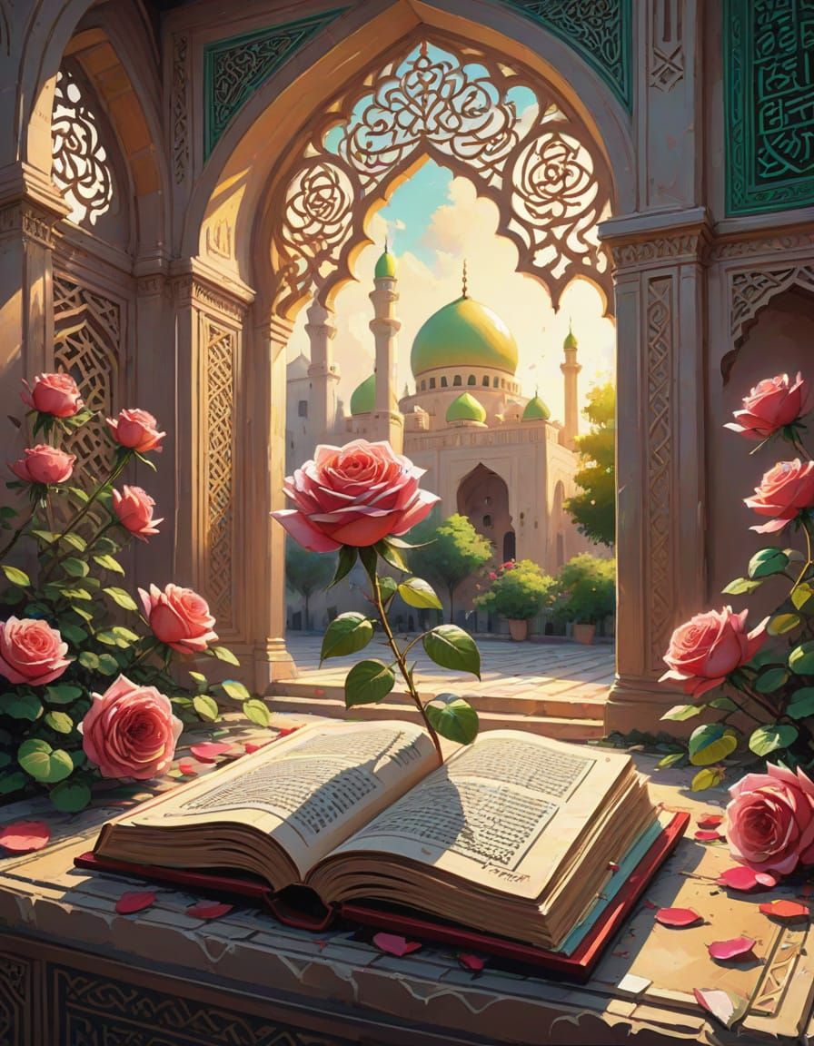 Neo-Impressionist Rose Blooms from Quran in Mosque Garden