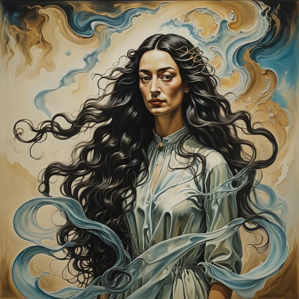 Mystical Woman with Wavy Hair in Surrealist Style