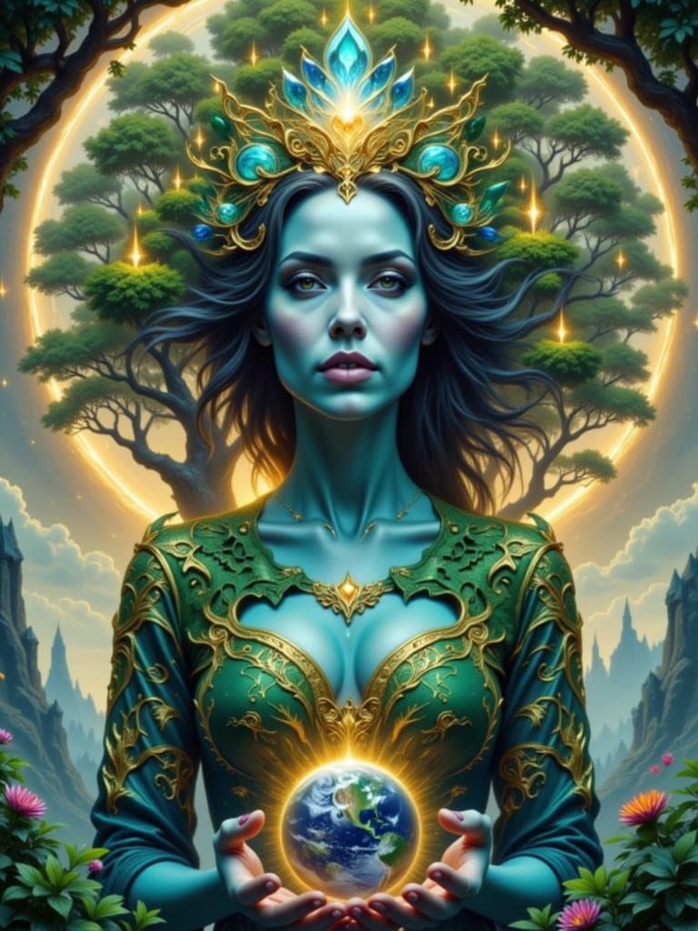 Serenely Majestic Gaia in Ethereal Landscape Art