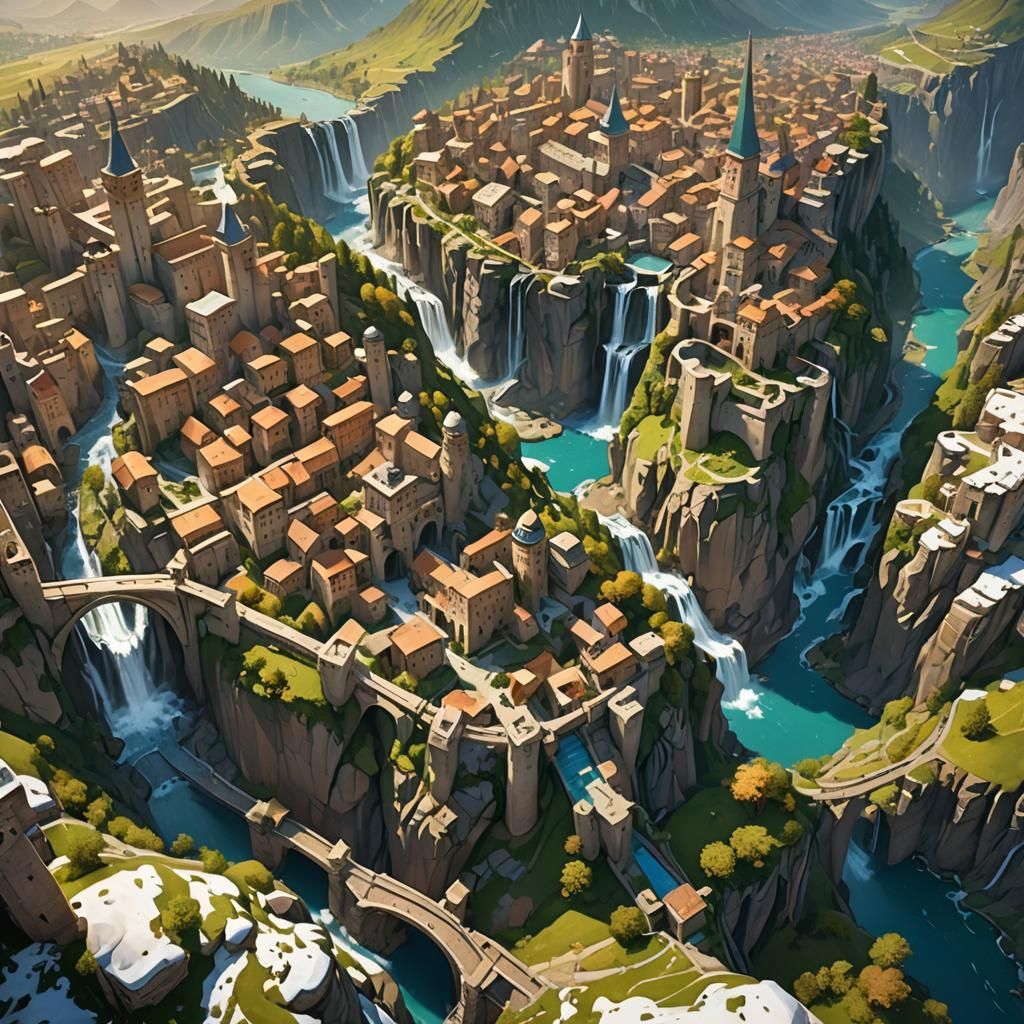 Hyperrealistic Aerial View of Fairytale Ancient City