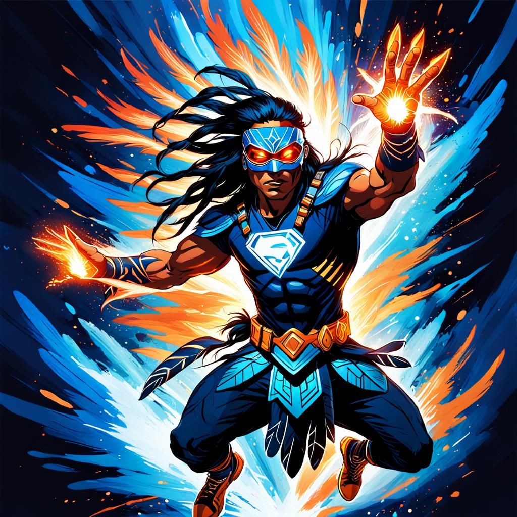 Native American Superhero Leaps Through Iridescent Energy