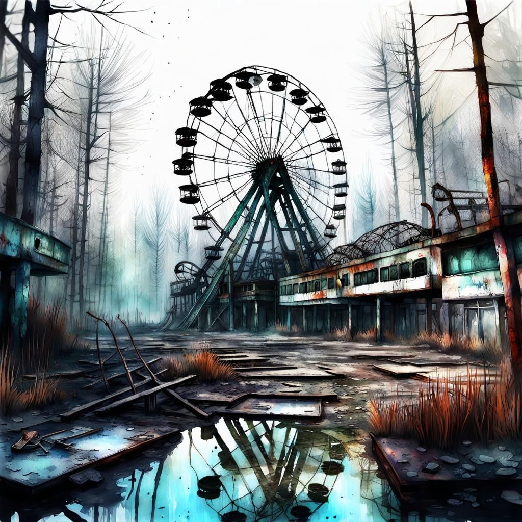 Scary Abandoned Pripyat Amusement Park in Watercolor