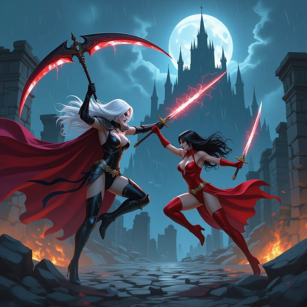 Lady Death Battles Vampirella in Stormy Ruin