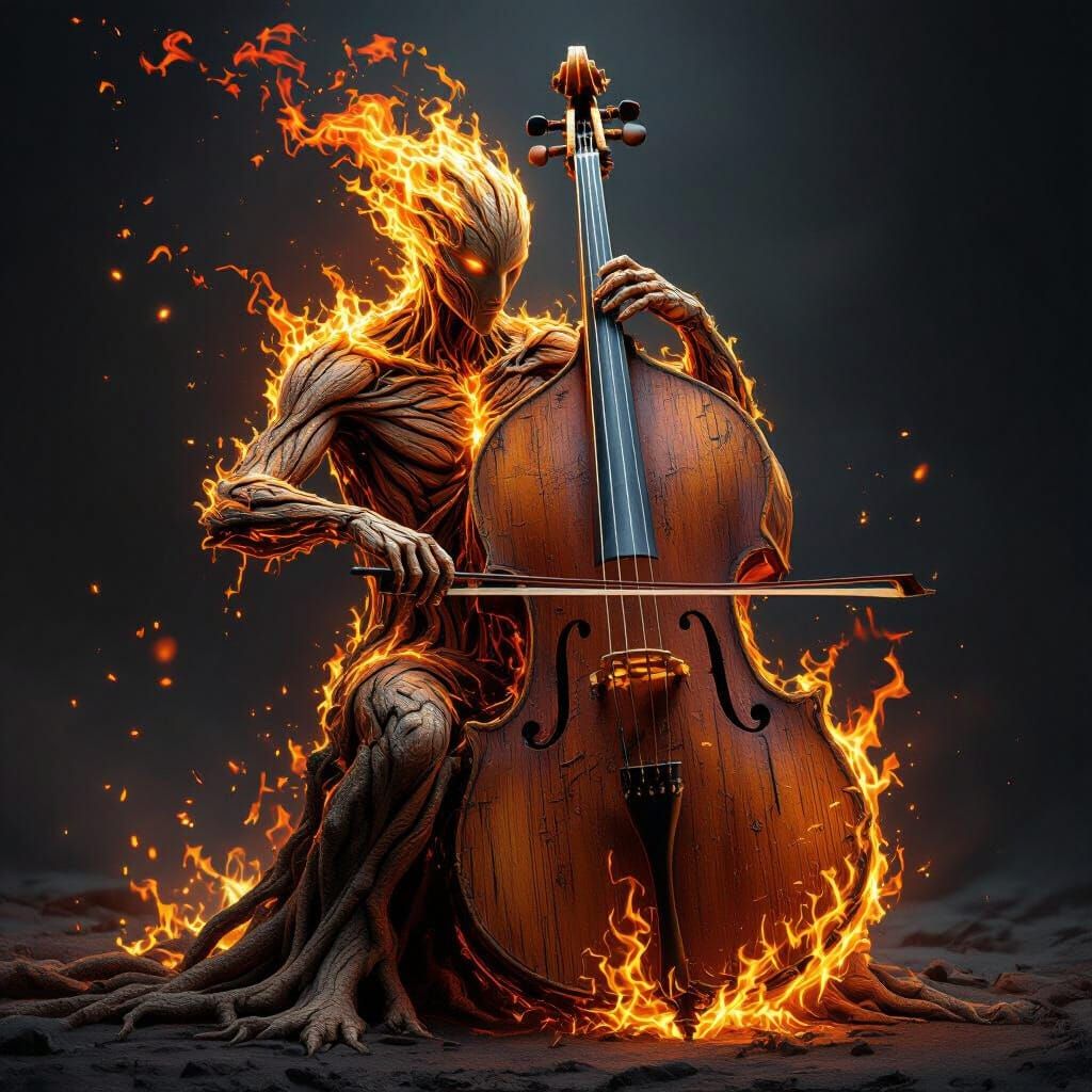 Fiery Humanoid Playing Cello in Fantasy Artwork