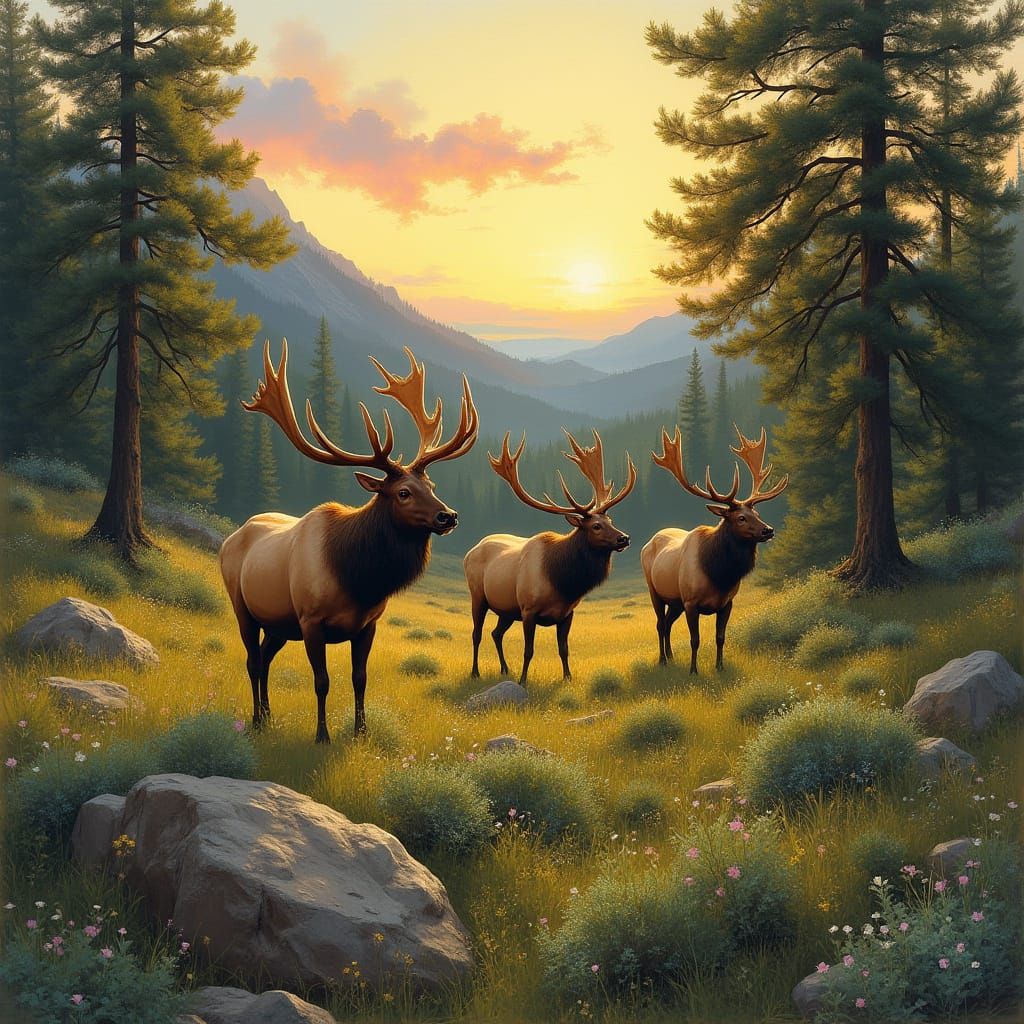 Elk Roaming in Spring Forest at Dusk