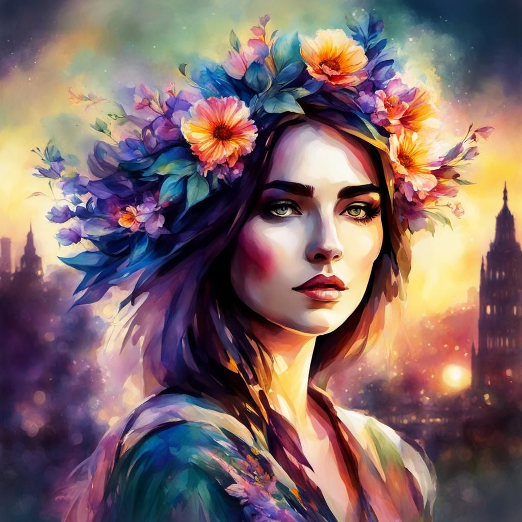 Flower Power Girl Portrait in Digital Watercolor Style
