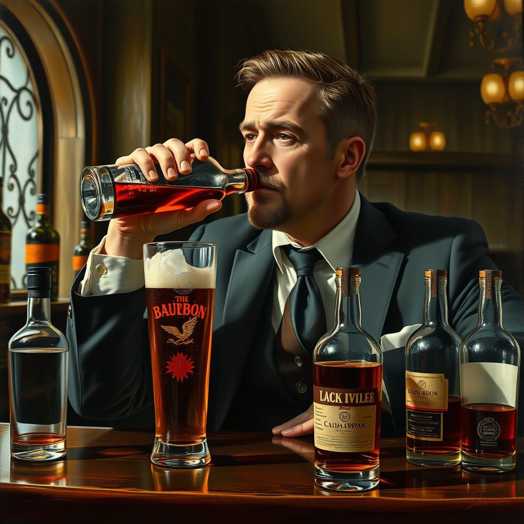 Man Drunk in Suit, Bartender Concerned, Oil Painting