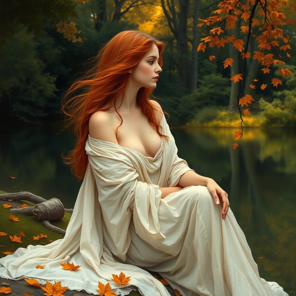 Ethereal Maiden by a Tranquil Lake in Waterhouse Style