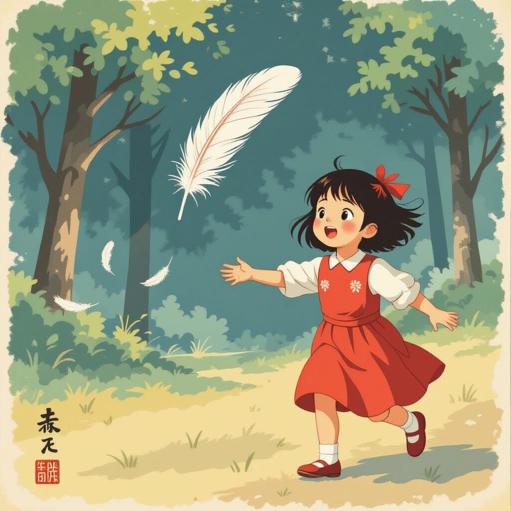 Girl Chasing a Feather on a Windy Day
