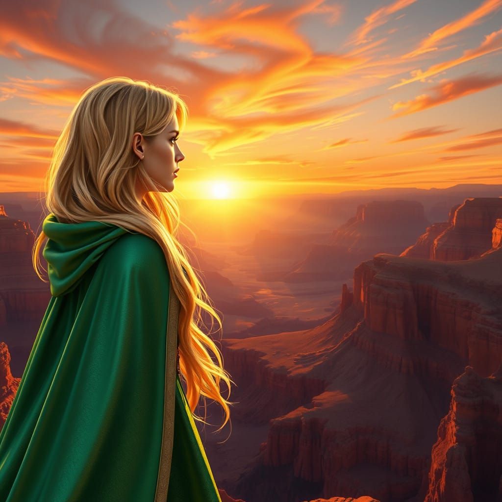 Sultry Goddess Contemplates Grand Canyon Sunset in Dreamlike...