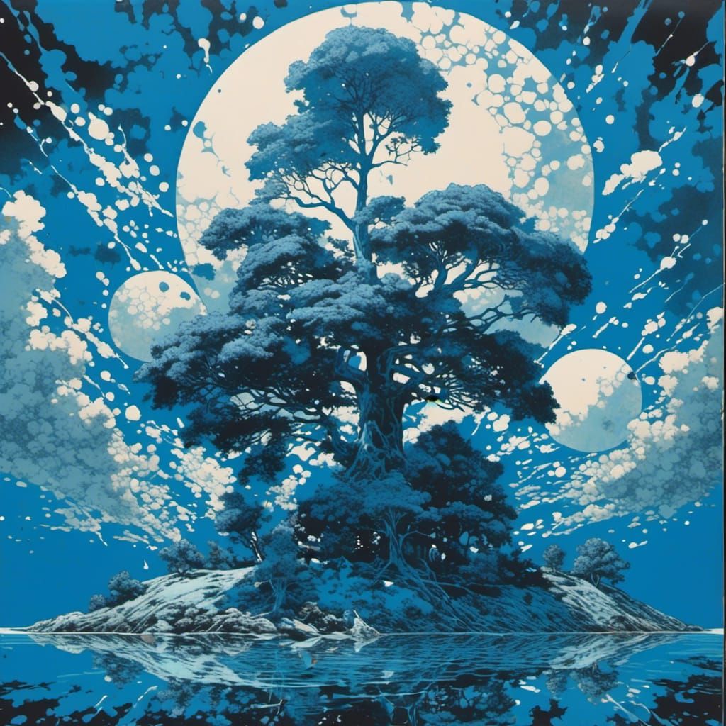 Psychedelic Cyanotype Splatter Graffiti Blue Sky