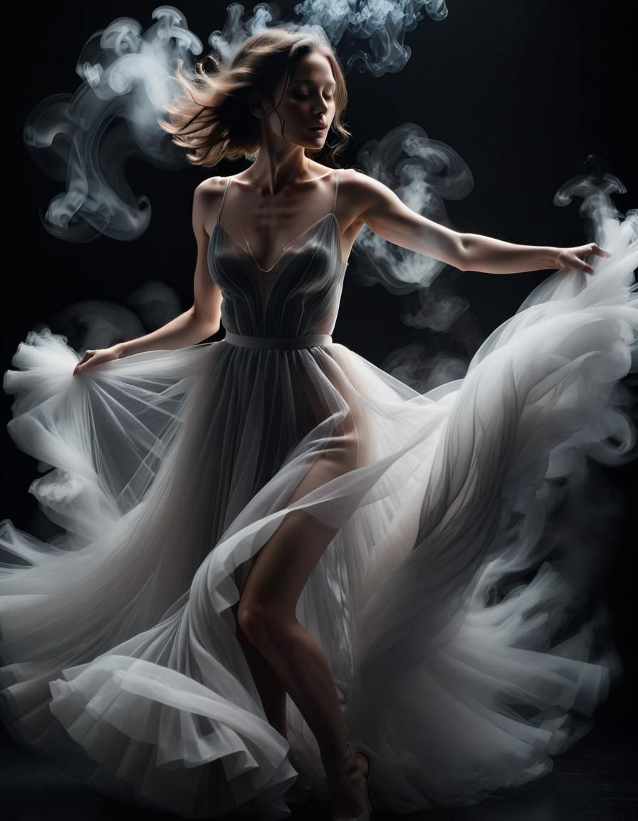 Dramatic Flowing White Tulle Dress on Black