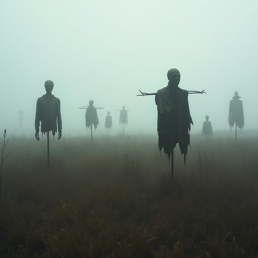 Misty Field with Scarecrows in Ethereal Style