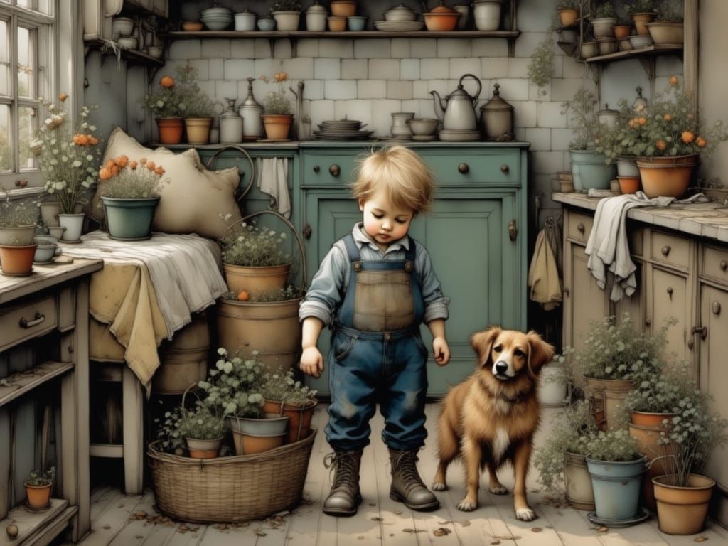 Cozy Kitchen Scene with Toddler and Dog