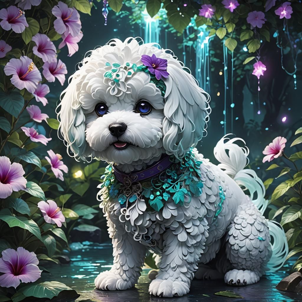 Luminous Jungle Waterfall with Bichon Frise in Anime Style