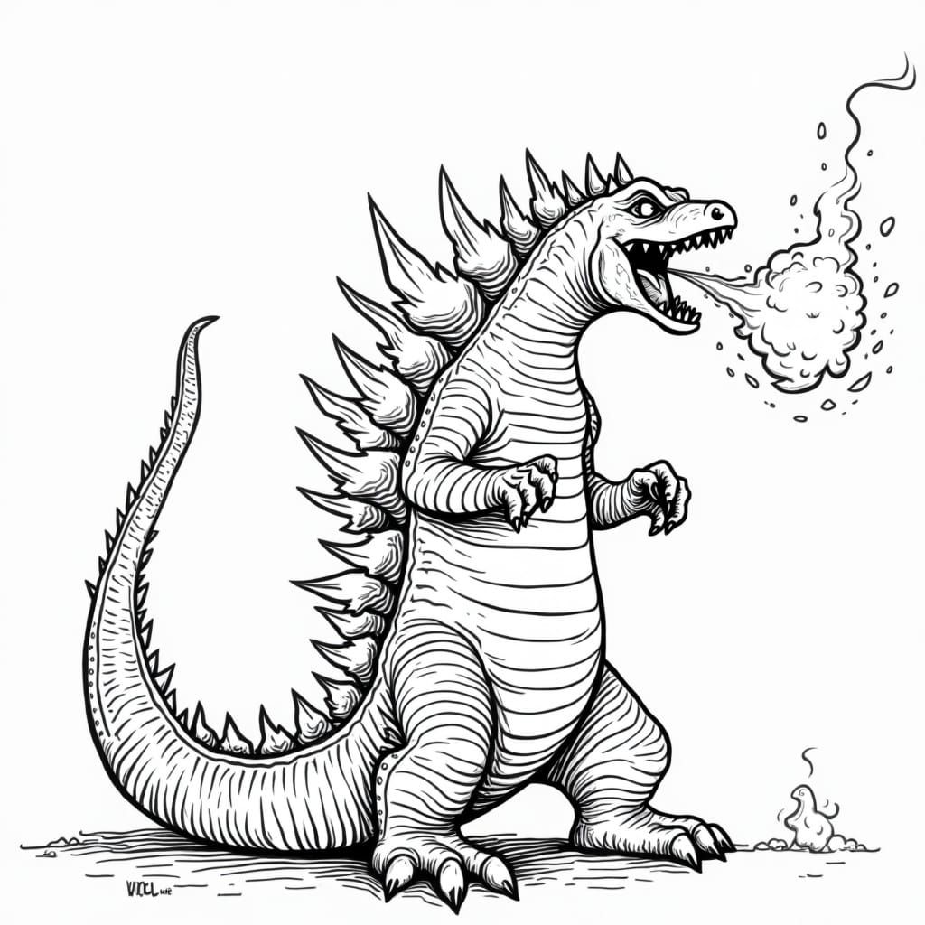 Godzilla Blows Fire: Classic Black and White Cartoon