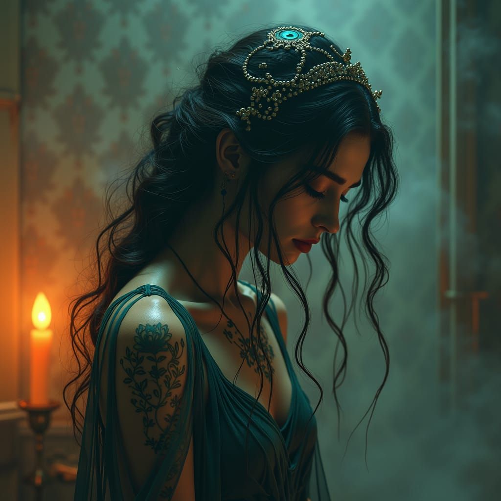 Sorrowful Woman in Art Nouveau Style