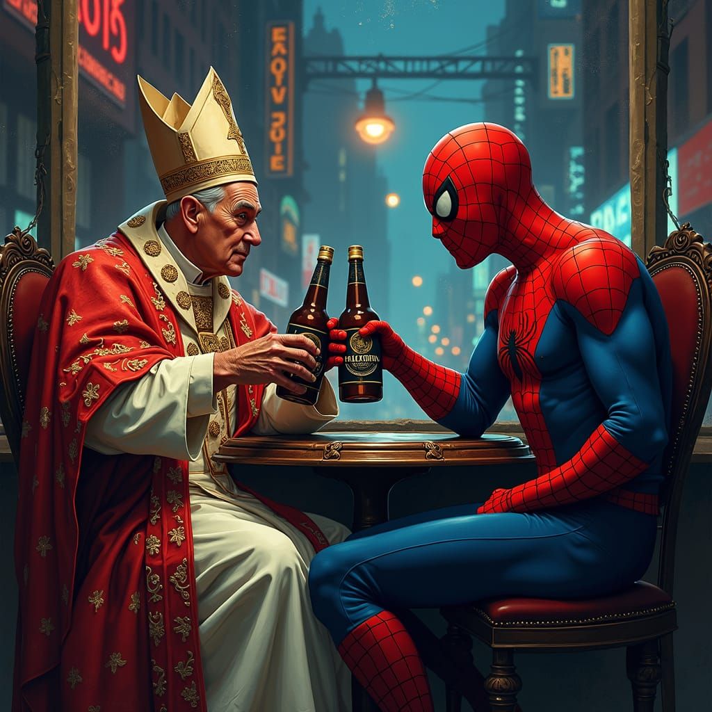 Pope and Spiderman Share Drinks in Cyberpunk Cityscape