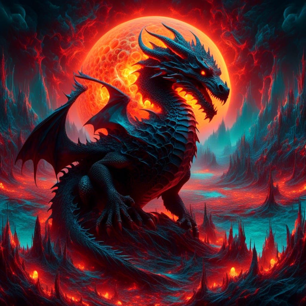 Flaming Black Dragon Hatching in Surreal Landscape