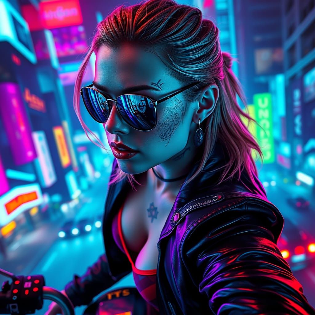 Cyberpunk Hacker Goddess in Neon Futuristic Cityscape