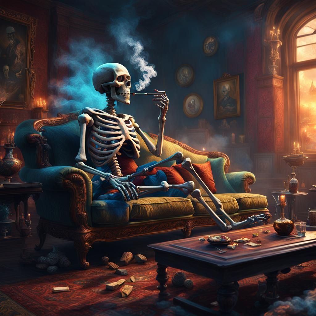 Smoking Skeleton on Couch: Colorful Digital Art