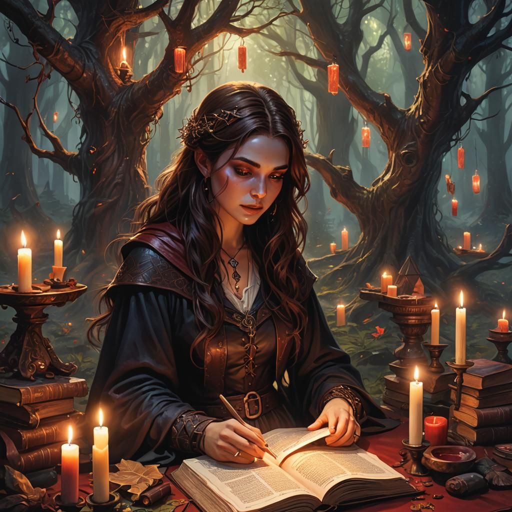 Enchanting Witch Reads Ancient Tome in Ethereal Forest