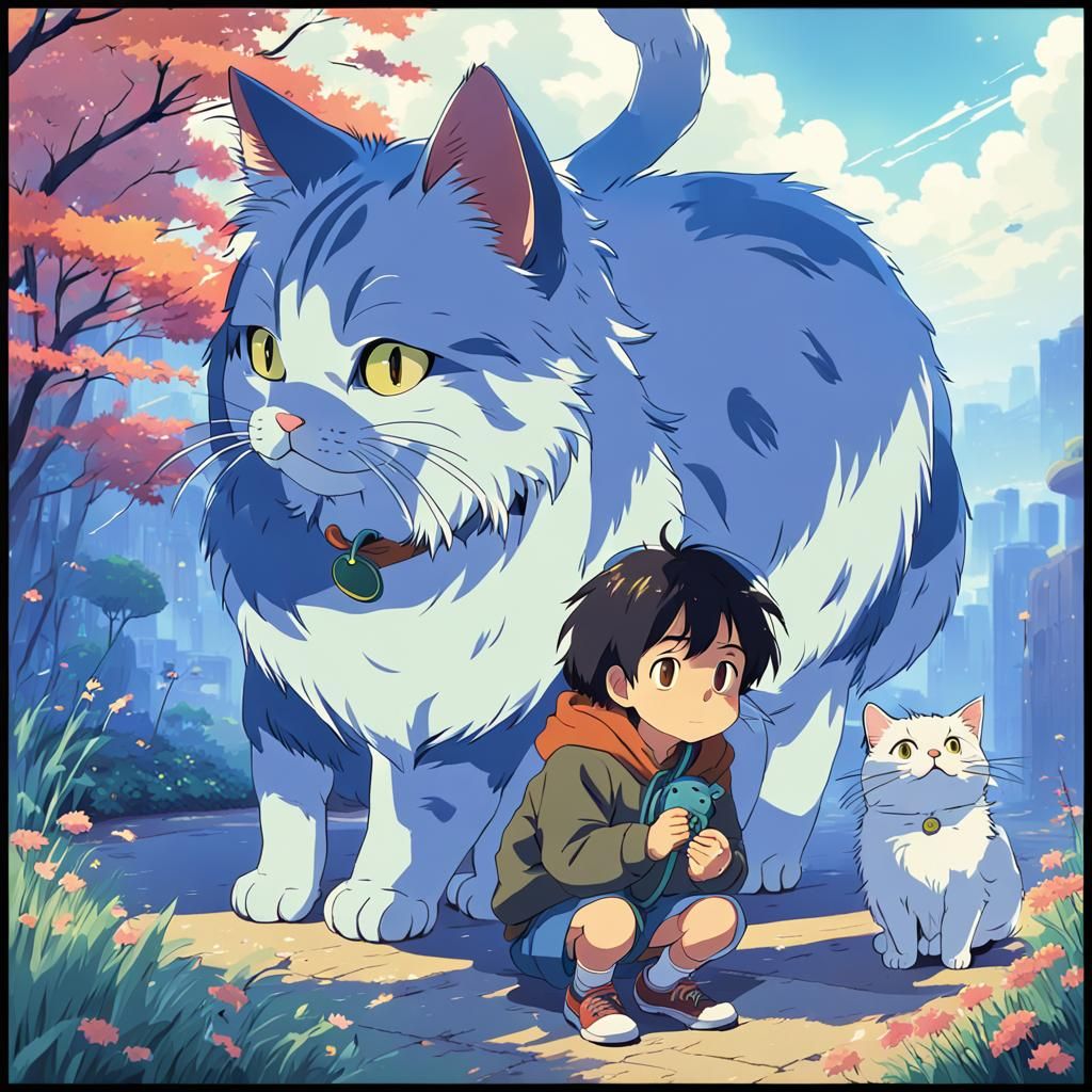 Children with Cat in Anime Key Visual Style