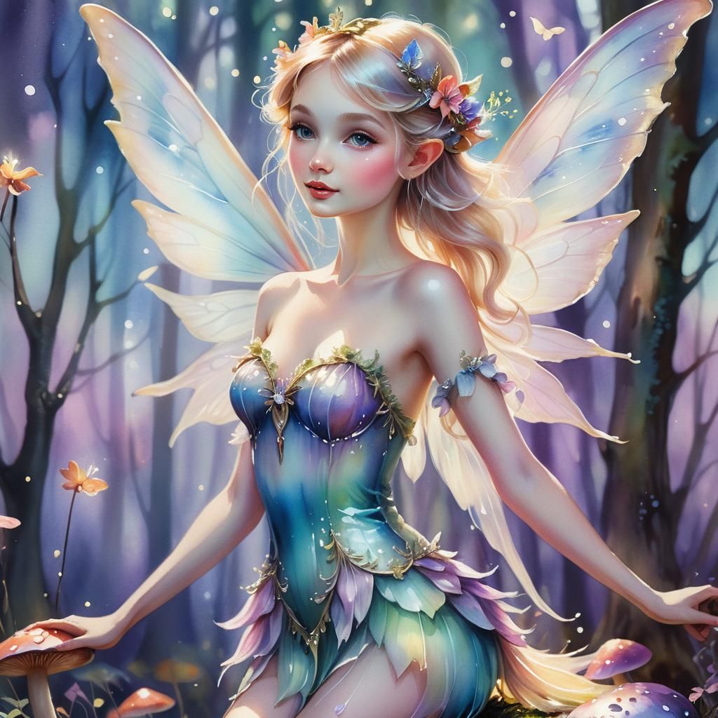 Enchanting Fairy on Mushroom in Watercolor Style