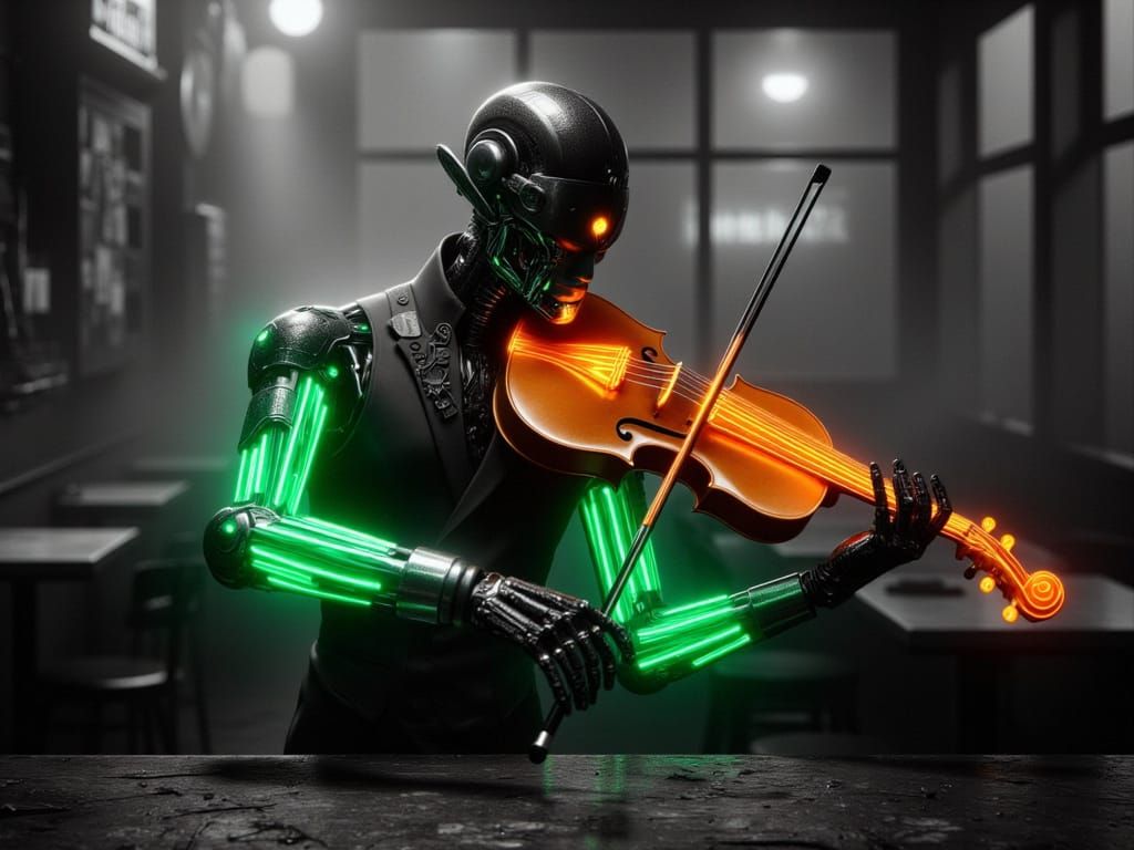 Cybernetic Violinist Shines in Smoky Nightclub