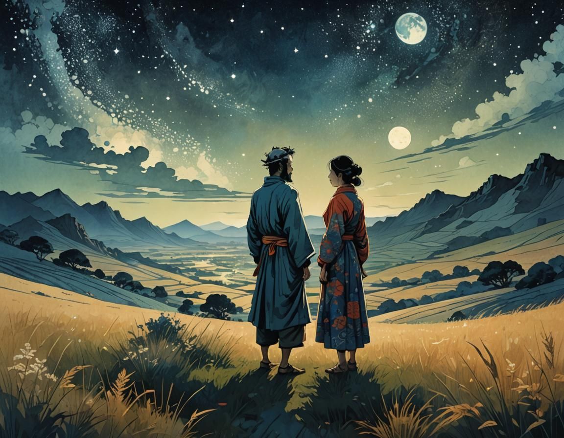 Starlit Conversation in Ancient Israel, Fantasy Illustration