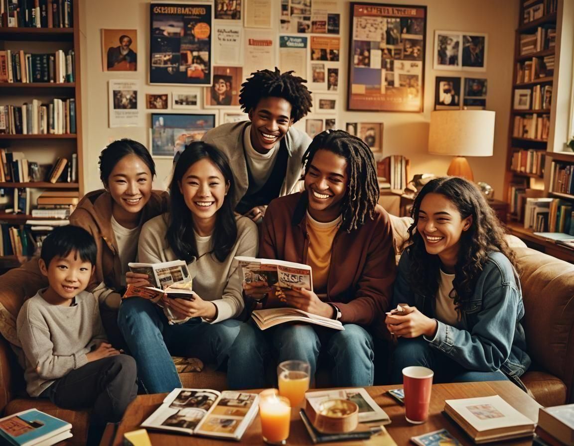 Joyful Friends Gather in Cozy Living Room