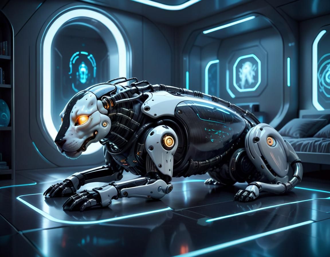Cyborg Dog Asleep in Utopian Bedroom