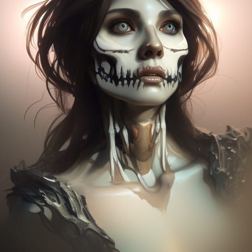 Detailed Skeleton Girl Portrait in Art Nouveau Style