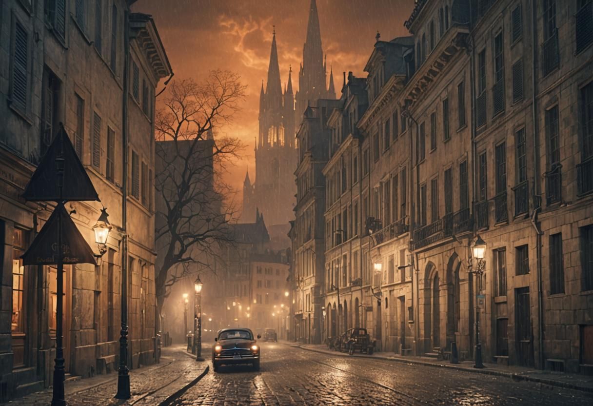Old Car in Town Square with Cathedral: Gothic Digital Art