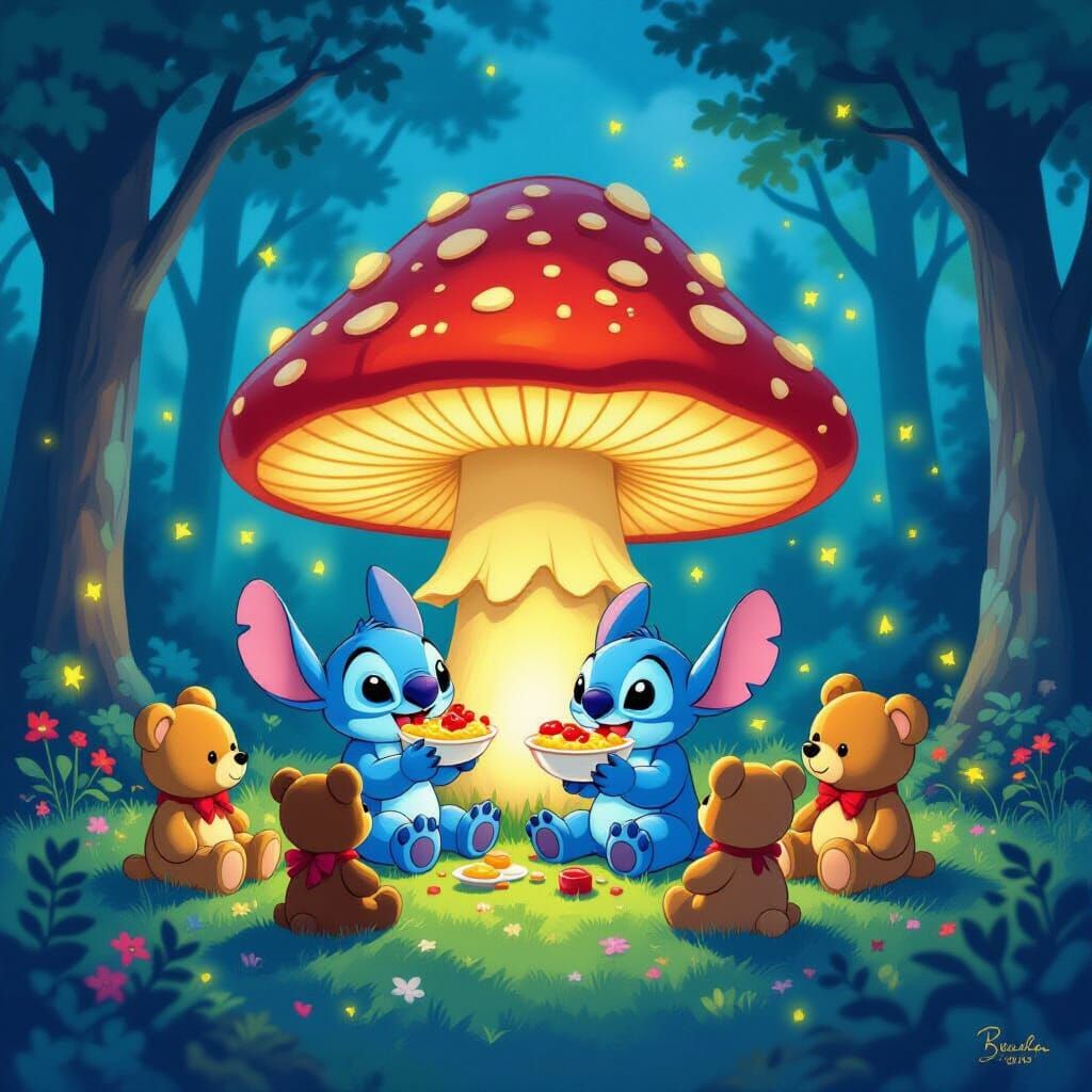 Stitch and Teddy Bears Enjoy Giant Mushroom Feast