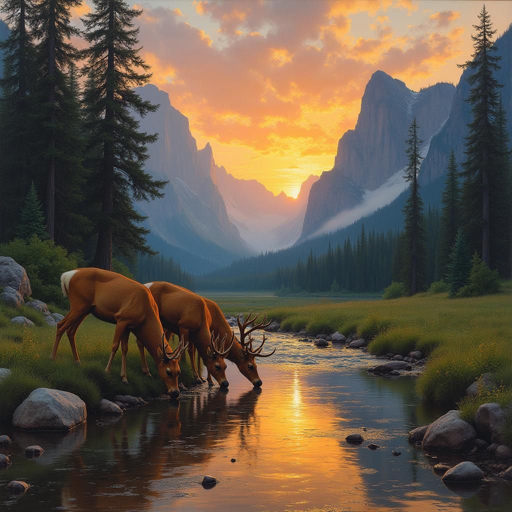 Deer Family at Sunset: A Bierstadt-Inspired Oil Painting