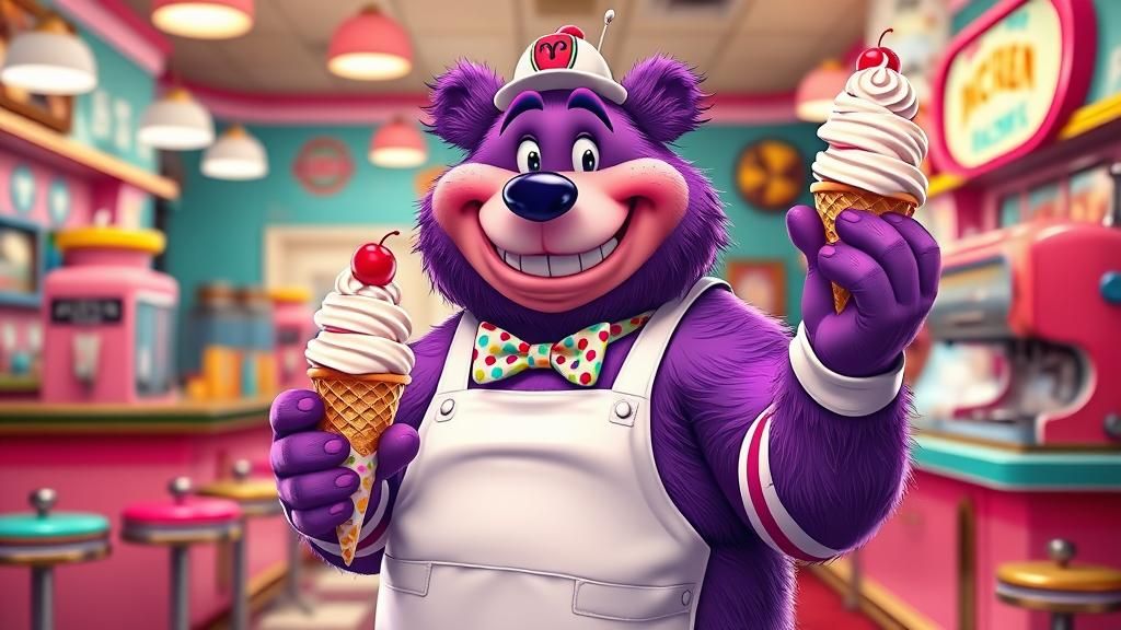 Cartoon Bear Offers Ice Cream Cone in Storybook Style