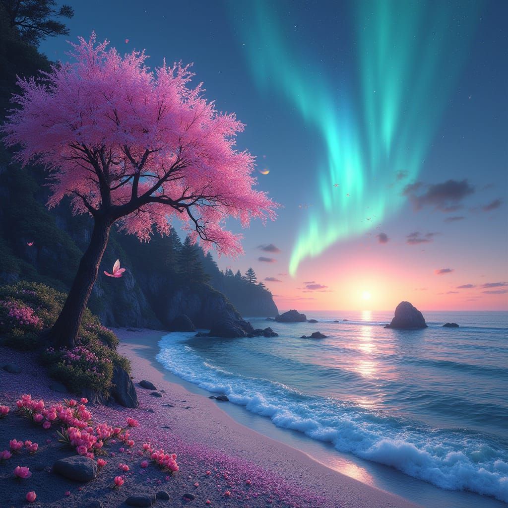 Rainbow Crystal Beach with Glass-Petal Trees and Serpents