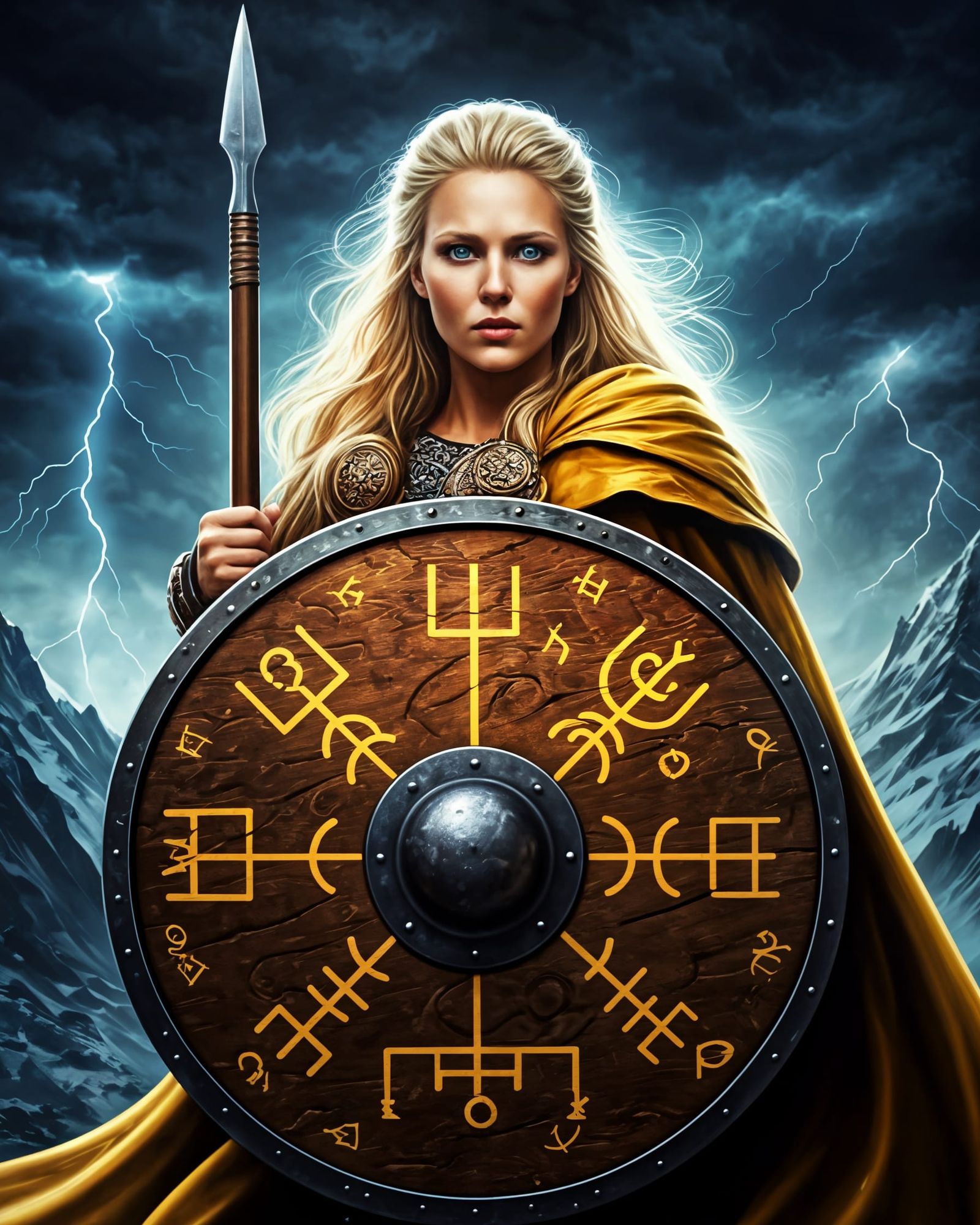 Viking Shield Maiden with Intricate Wooden Shield and Lightn...