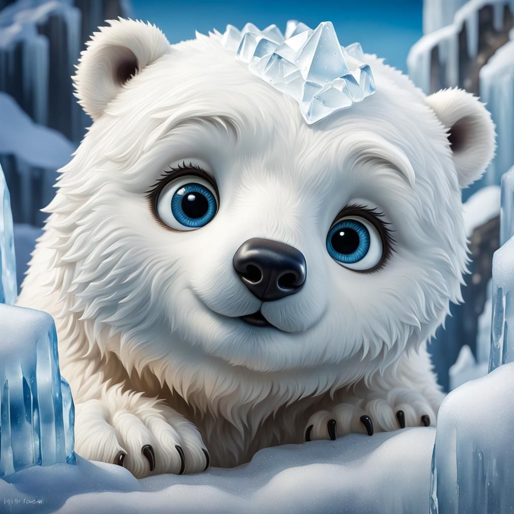 Funny Polar Bear Cub Ice Sculpture in Pixar Style