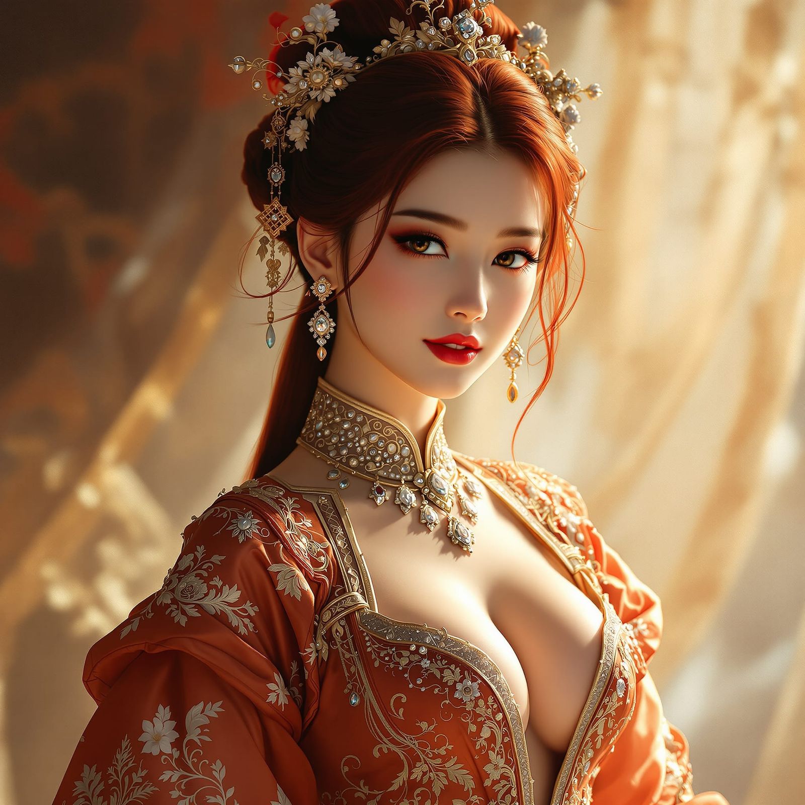 Red Haired Chinese Woman in Ornate Qing Dynasty Dress